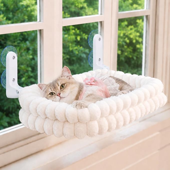 CHEERPALS Cloud Cat Window Perch for Indoor Cats Hammock Bed Foldable | Reversible Cushion Removable Washable, Breathable Soft All-Season, Sturdy Strong Suction Cups Support, Cordless(White,Medium)