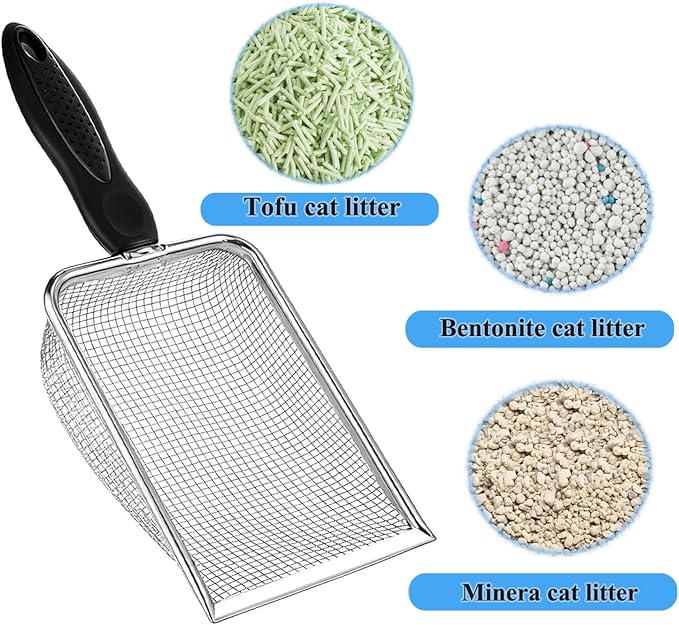 Cat Litter Scoop, Stainless Steel Cats Sturdy Mesh Scooper Kitty Metal Scooper Long Handle Scooper Shovel Sifter for All Litter Types Metal Cat Scooper for Litter Box