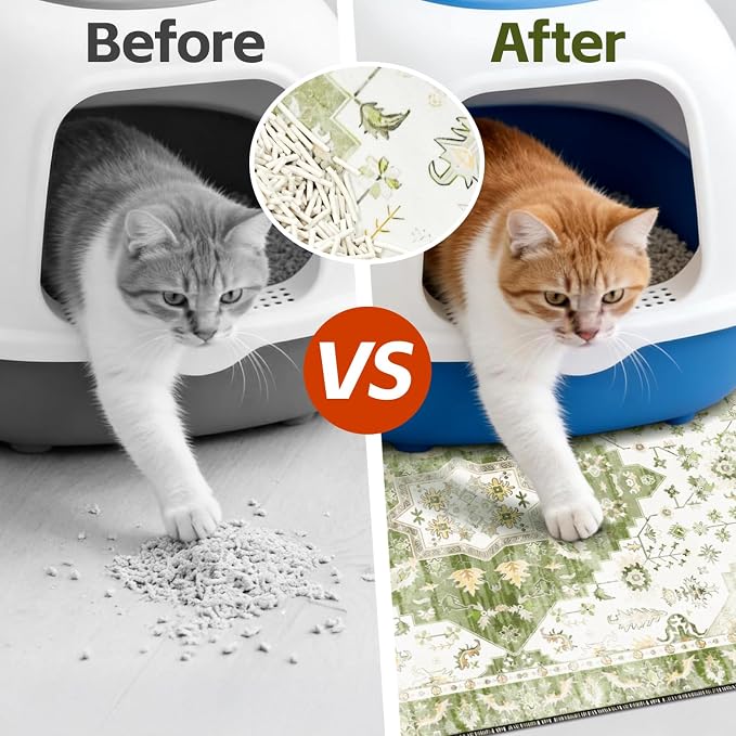 Cat Litter Mat Litter Trapping Mat, 35"x23" Waterproof Urine Proof Litter Box Mat Catcher Mat Non-Slip Washable for Kitty Kitten, Green