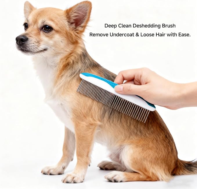 NVNAN 5-Piece Pet Grooming Kit with Deshedding Rake for dogs and cats | Includes gloves, bath brush, fine tooth comb, and deshedding rake for brushing, bathing, detangling and loose fur removal