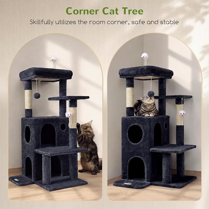 Globlazer Cat Tree Tower for Indoor Cats, 50-inch Adult Cat Tree House for Large Adult Cats with Steps, Scratching Post, 2 Cat Caves, Dangling Toys, FC50, Dark Grey