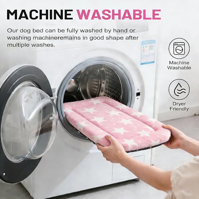 Dog Bed Mat, Reversible Crate Pad & Cute Dog Bed - Machine Washable Kennel Mat with Ultra Soft for Small Dogs (Big&Small Stars Pink, 24" L*18" W*1.5" Th)