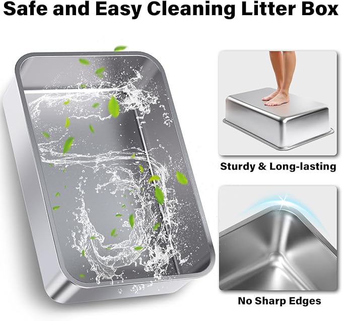 XL Stainless Steel Litter Box with Lid, Extra Large Cat Litter Box | 2Pack Metal Cat Litter Box for Big Cats, High Sided, Easy Cleaning ,Odor-Free Includes Scoop and Mat