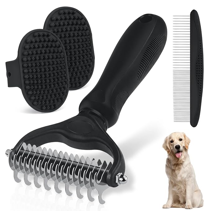 Double-Sided Pet Grooming Rake - 4-in-1 Professional Pet Grooming Kit Deshedding Dematting Tool for Dogs Cats Extra-Wide Grooming Brush & Deshedder Comb for Long & Short Haired Pets (Black Kit 4PCS)