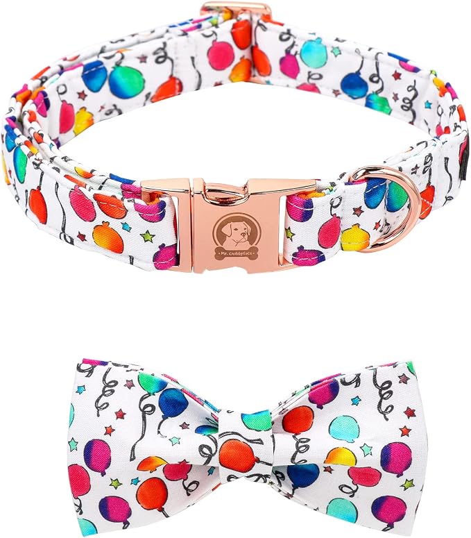 ·MR. CHUBBYFACE· Ballon Dog Collar with Bowtie, Cute Birthday Balloon Dog Collar with Metal Buckle, Adjustable Pet Collar for Small Medium Large Dogs