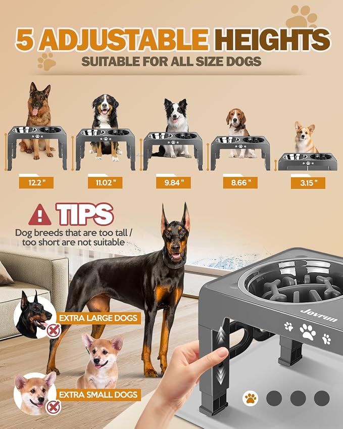 Jovrun Elevated Dog Bowls for Medium Large Dogs with Mat, Non-Slip Dog Feeder with 1*Stainless Steel Dishes & 1*Slow Feeder Bowl, 5 Heights Adjustable Raised Bowls for 3.15″-8.66″-9.84″-11.02″-12.2″