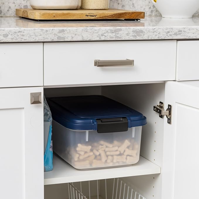 IRIS USA Airtight Dog Food Storage Container, Up to 14 lbs, Dog Cat Bird and Other Pet Food Treats Storage Bin, Dog Cat Wet Food Cans, Keep Fresh, BPA Free, Stackable, Navy | BPA-Free, Airtight Seal, Best for Cat Food, Bird Seed, Chicken Feed, Pet Toys...