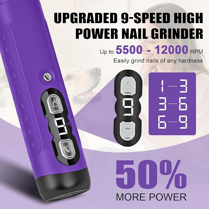 Quiet Dog Nail Grinder Clippers, 9-Speed Pet Nail Trimmer with LED | Low noise, Safety sensor guard, 2 LED lights, USB rechargeable, Professional grooming, Sensitive paws, Dogs cats all breeds