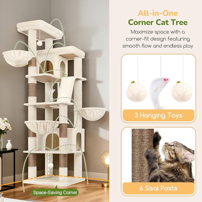 Globlazer 80in Extra Large Tall Corner Cat Tree Tower, S80G, Beige | Multi-Level Cat Condos for Multiple Indoor Cats Large Adult Kittens, Scratching Posts, 2 Widened Perches, Adjustable Baskets