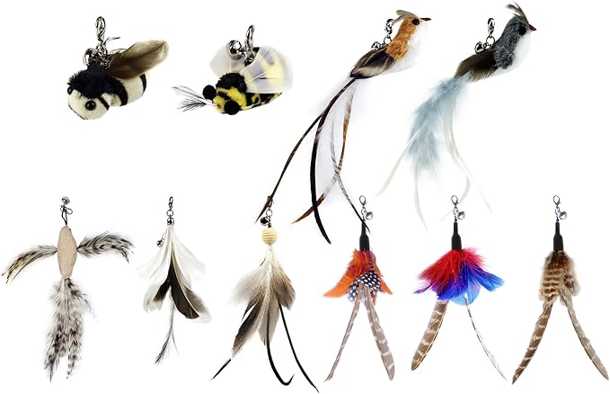 TTcat 10 Pack Cat Wand Toy Replaceable Refills, Realistic Bird Bee Insect Natural Feather Attachments with Bells, Detachable Clip-on Teaser Replacement for Cat Wand.