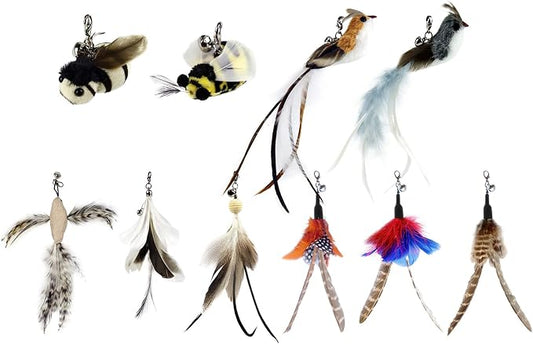 TTcat 10 Pack Cat Wand Toy Replaceable Refills, Realistic Bird Bee Insect Natural Feather Attachments with Bells, Detachable Clip-on Teaser Replacement for Cat Wand.
