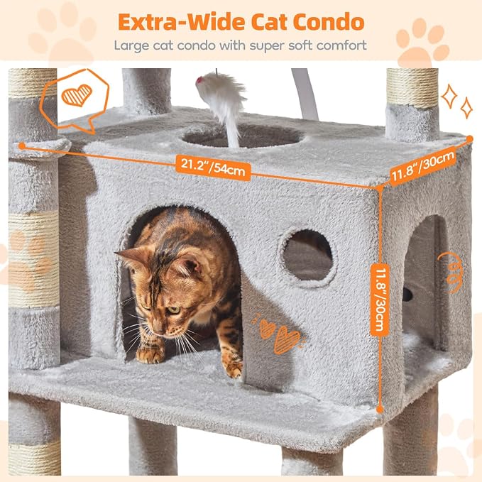Taoqimiao Large Cat Tree, 73 in Tall Cat Tower with 2 Plush Big Cat Condos | 9 Scratching Posts, 2 Top Perches, Cozy Hammock & Basket, Indoor Cats, 2 Pompoms & Mouse Toy, Light Gray, MS013XLW