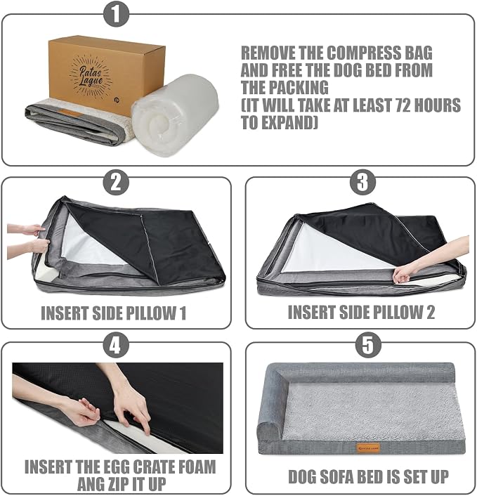 Patas Lague Orthopedic Large Dog Bed Washable Pet Sofa Bed 56''X40''Grey | 2-Sided Bolster Egg-Crate Foam Dog Couch Large Sized Dogs, Waterproof Removable Washable Cover, Nonskid Bottom Pet Crate Mat