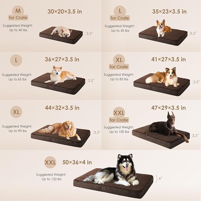 EHEYCIGA Orthopedic Dog Bed Large with Removable Washable Cover, 44IN Brown | Egg Crate Foam Support, Durable Oxford fabric, Non-Slip Bottom, Machine Washable, Soft Waterproof Plush Pet Bed Mat For Crate