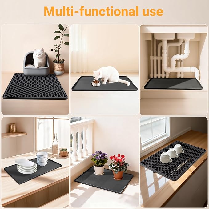 Double-Layer Silicone Cat Litter Mat – Non-Slip, Waterproof & Easy-to-Clean | Also Great as a Dish Drying or Pet Feeding Mat (18x12.5,Black）