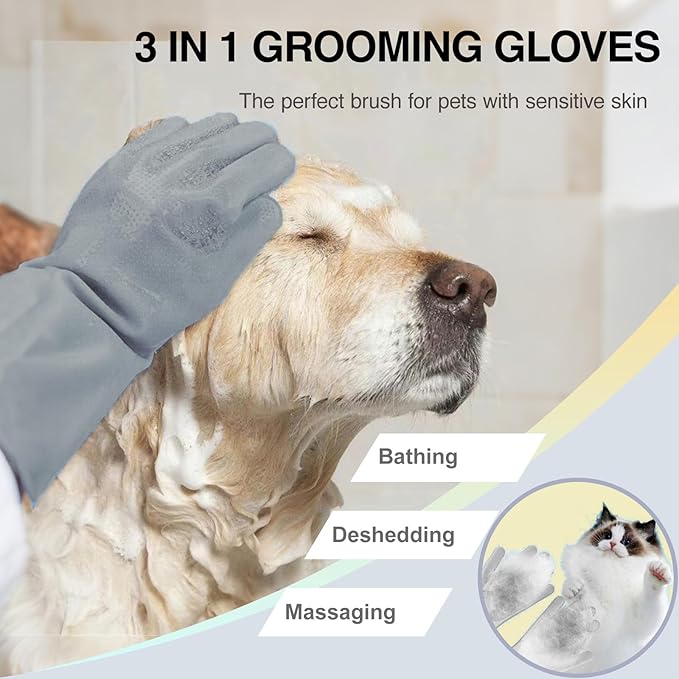 Pet Grooming Gloves, 5-Finger Silicone Dog Bath Scrubber with High-Density Teeth, Reusable Washing Massage Gloves for Dogs & Cats（Blue）