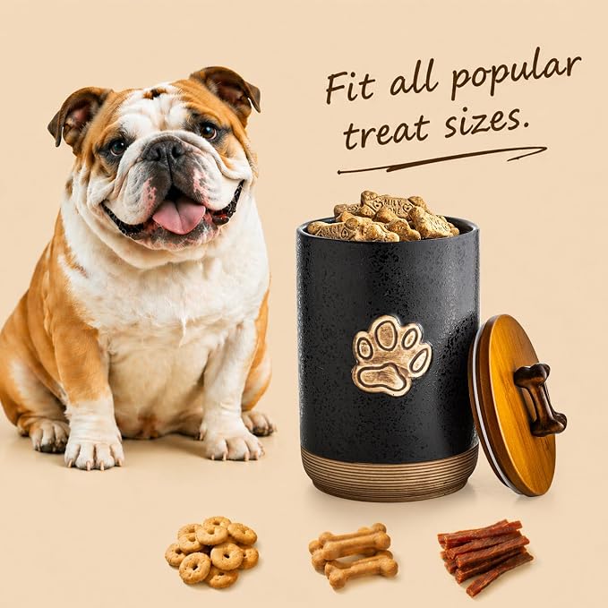 Miamolo Dog Treat Storage Container, Ceramic Dog Treat Jar with Airtight Lid, Puppy Treats Food Canister for Kitchen Counter Farmhouse Decor, Gift Doggie Snack Jar for Counter, Paw Glinting Black