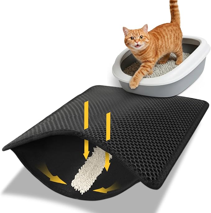 Conlun Cat Litter Trapping Mat for Small Spaces, 23.6"x14.6" Space-Saving Litter Box Floor Mat, Hexagon Grids & Anti-Leak Base, Machine Washable, Non-Slip Kitty Matt for Apartment, Black
