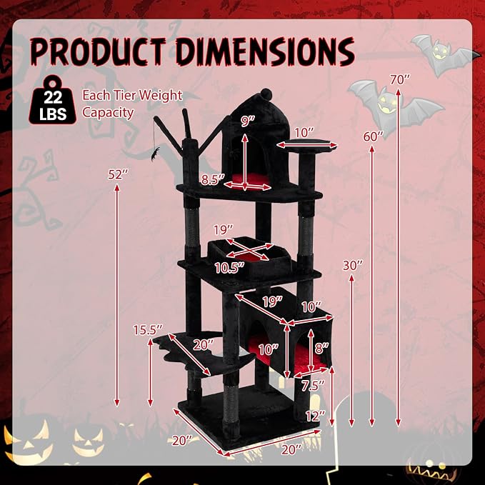 70-inch Gothic Cat Tree, Multi-Level Black Cat Tower | | Robust Scratching Posts | Coffin Bed | Castle-Shaped Comfy Cat Condo | Dual-Entry Condo | Spider-Shaped Hanging Toys |