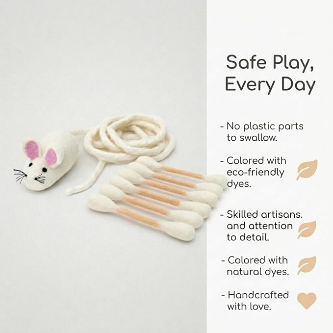 Glaciart One Cat Qtip Toy Set, Felt Mice Cat Toy & Cotton Swab Cat Toy, Wool Felt Cat Toys for Indoor Cats