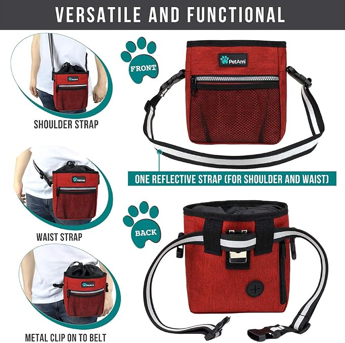 PetAmi Dog Treat Pouch, Pet Treat Pouch for Training, Dog Walking Bag Holder for Kibbles, Pet Food Toy, Dog Trainer Essentials Supplies, Poop Bag Dispenser, 3 Ways to Wear (Red)