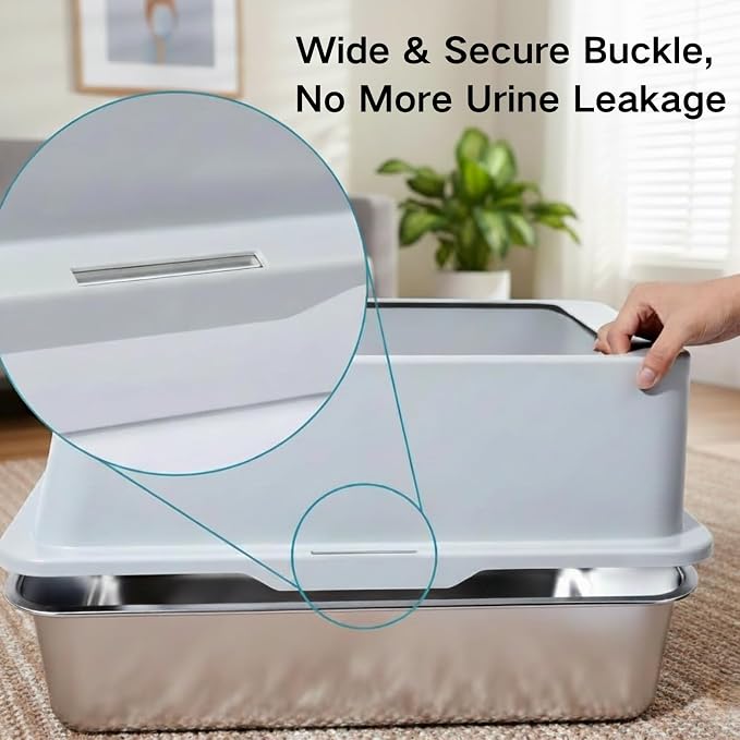 XL Stainless Steel Litter Box 2 Pack, Large to XLarge High Sided Metal Cat Litter Box with Lid, Easy Clean, Non Stick & No Smell