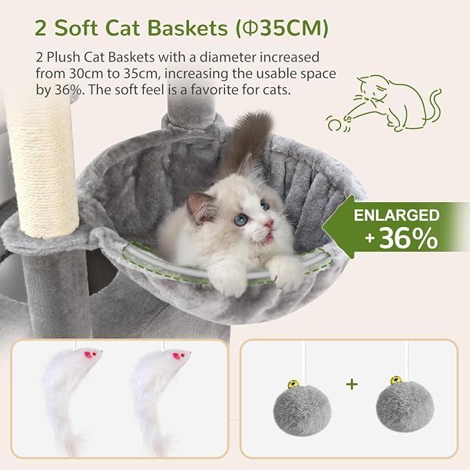 Globlazer S74E Pro Heavy Duty Maine Coon Cat Tree for Large Cats,Light Grey | 74in Sturdy Multi-Level Tall Cat Tree Tower for Indoor Adult Cats with Scratching Posts, 2 Cat Condos, 2 Top Perches