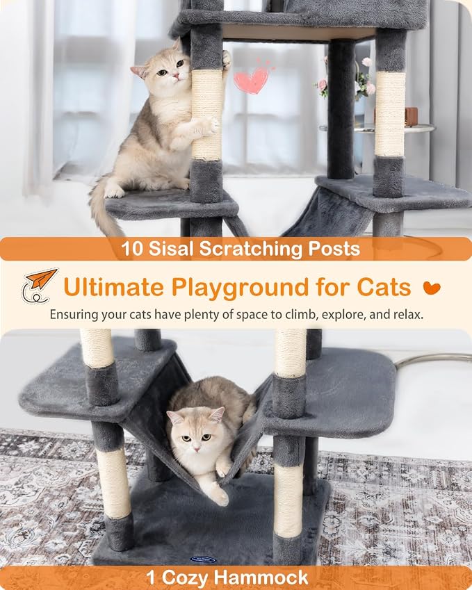 Cat Tree, 81-Inch Tall Cat Tower with Scratching Post, Plush Multi-Level Cat Condo with 2 Perches, 2 Caves, 2 Basket, Hammock for Indoor Cats Grey