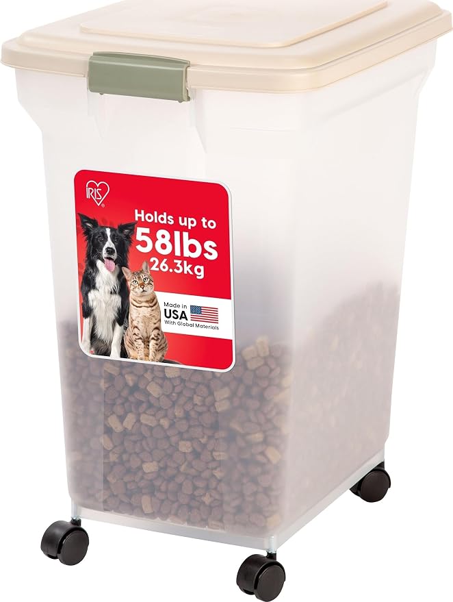 IRIS USA Dog Food Storage Container, Up to 58 lbs, Almond, Made in USA | Wheels for Mobility, Airtight Seal, BPA-Free, Best for Bird Seed, Cat food, Cat Litter, Chicken Feed, Pellets
