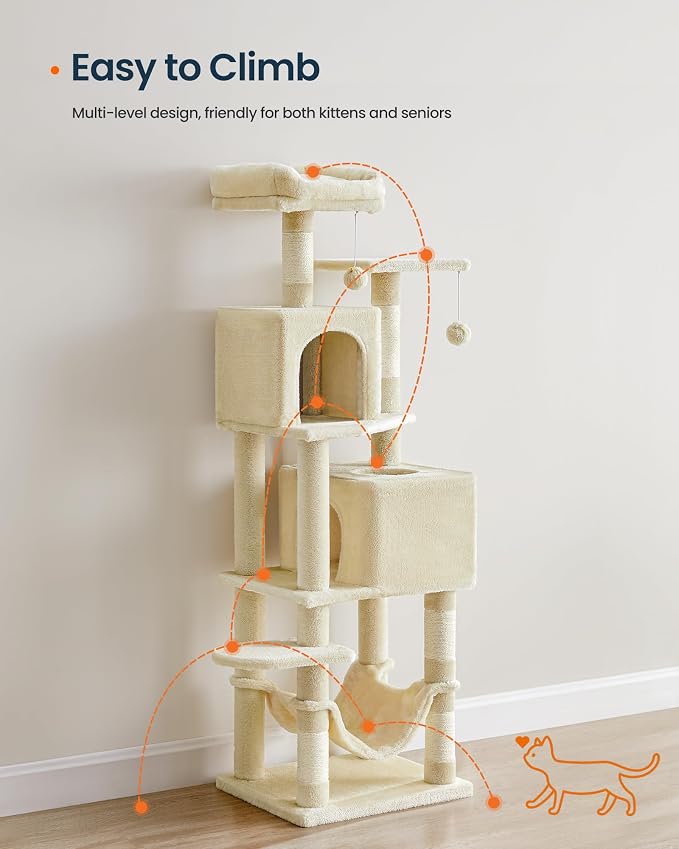 SONGMICS HOME Cat Tree for Indoor Cats, Multi-Level Cat Tower with Sisal Scratching Posts, Hammock and Condo, Beige