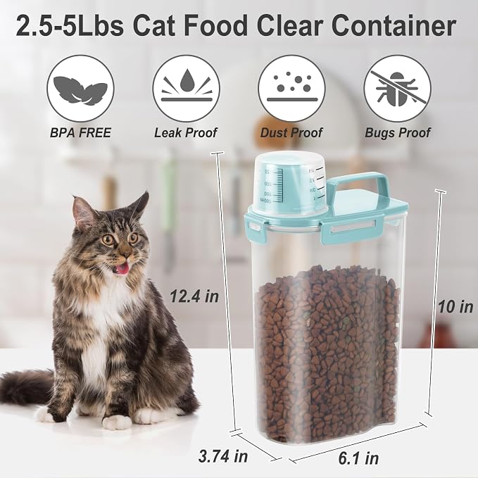 Dog Cat Food Storage Container with Cup (Light Blue, 2.5L (2 pack)) | Pet Food Pourable Container Airtight with Large Spout, BPA-Free Plastic Food Dispenser for Pet Food, Bird Seed, Rice, Flour