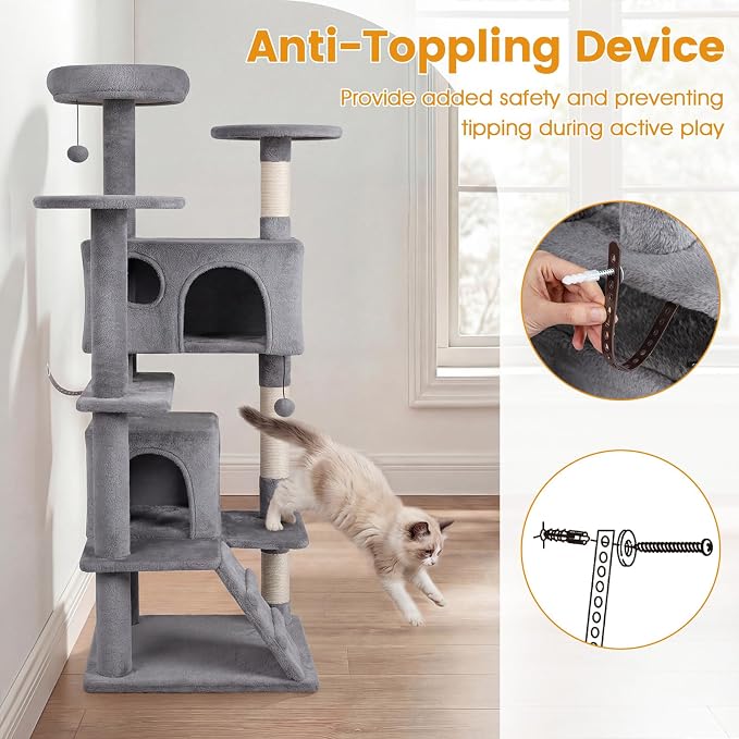 52-inch Cat Tree, Multi-Level Cat Tower with Sisal Scratching Posts, 2 Comfy Condos, Plush Padded Soft Top Perch, Dangling Balls, and Climbing Ladder, Ideal for Indoor Cats (Light Grey)