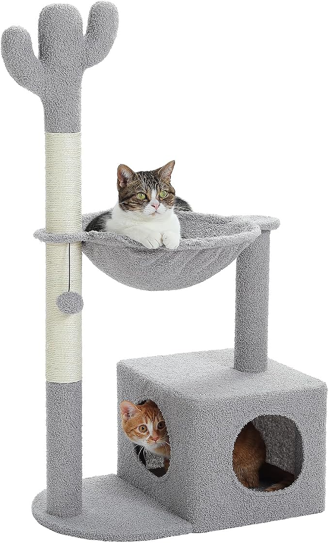 MUTTROS Cactus Cat Tree Cat Scratching Post 40" Cat Tower with Large Metal Carpet Hammock, Cat Scratching Post for Indoor Cats with Condo& Dangling Ball, Grey