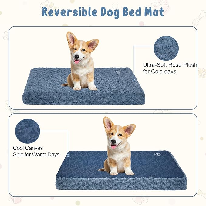 EMPSIGN Dog Bed Mat Crate Pad Mattress, Ultra Soft Pet Kennel, Navy, M | Reversible(Cool & Warm), Waterproof Linings, Removable Machine Washable Cover, for 30" Dog Crate, Soft Rose Plush/Canvas
