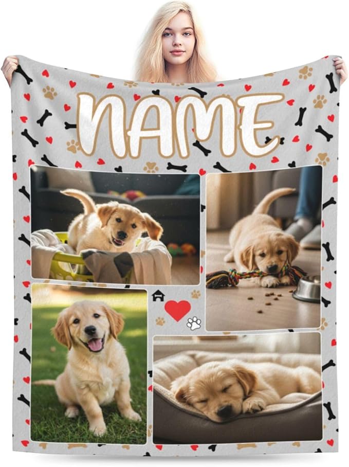 Nxwdwqa Personalized Dog Blanket Throws with Photos, Custom Pet Name Blanket, Dog Gifts for Pet Lovers, Customized Puppy Blanket for Adult Kid Birthday Christmas Fathers Mothers Valentines Gift