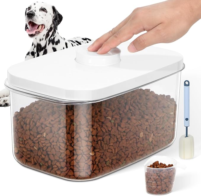 6 lbs Airtight Dog Cat Food Storage Container and Dog Treat Containers BPA-Free, PET Clear Stackable Pet Storage Bin, 1-Cup Scoop, 1-Sponge cleaning brush, Pop Top, With handle, Easy Mobility-Medium