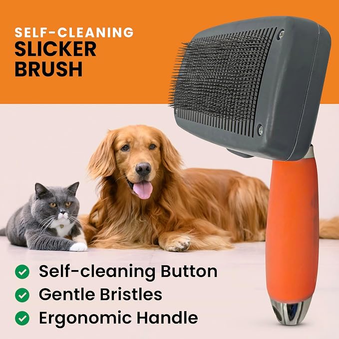 Self-Cleaning Slicker Brush for Dogs & Cats, Deshedding & Dematting | Retractable Bristles, Undercoat Tool for Long Haired Dogs, Non-Slip Handle, Detangler Comb for Mats & Shedding Fur