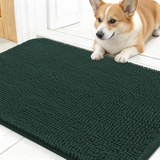 OLANLY Dog Door Mat for Muddy Paws 24x16, Super Absorbent Chenille Mud Mat | Blackish Green, Absorbs Moisture and Dirt, Non-Slip Machine Washable Doormat, Quick-Dry Indoor Entryway Floor Carpet for Dogs