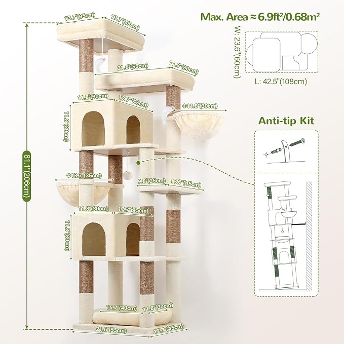Globlazer Sturdy Extra Large Cat Tower for Indoor Cats, S81C, Beige | 81 inch Heavy Duty Cat Tree for Indoor Large Adult with 8 Scratching Post, 2 Cat Condos, 2 Platform