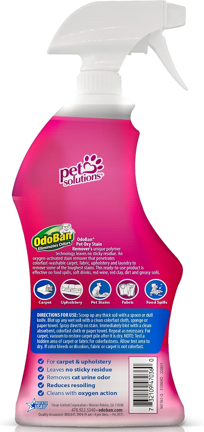 OdoBan Pet Solutions Oxy Stain Remover, Pet Stain Eliminator, Made in the USA, 12-Pack, 32 Ounce Spray Each