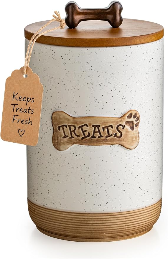 Miamolo Dog Treat Jar Ceramic Dog Treat Container with Wooden Lid, 8 Cups Airtight Dog Food Storage Container for Countertop, Farmhouse Dog Biscuit Jar Gift for Dog Lovers - Bone Dotted White