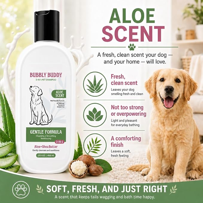3-in-1 Pet Shampoo for Dogs, Aloe Scent Dog Shampoo and Conditioner with Aloe, Shea Butter, Colloidal Oatmeal, Jojoba Oil & Vitamin E, pH Balanced Cleansing, Smoothing & Moisturizing, 15.5 fl oz