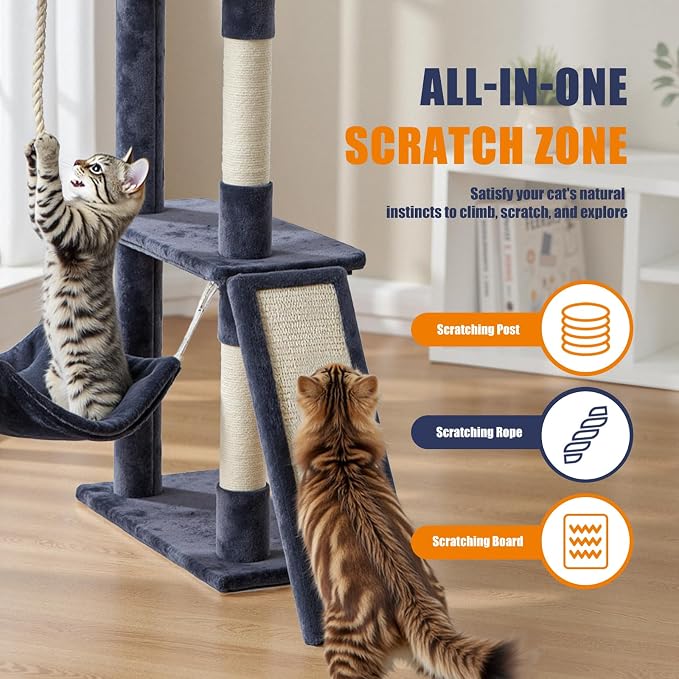 DUMOS Large 63in Cat Tree Tower with Scratching Posts, Indoor Cats Use | Multi Level Cat Climbing Tower with Condo, Extended Platform, Hammock, Pet House for Kittens Play, Dark Grey