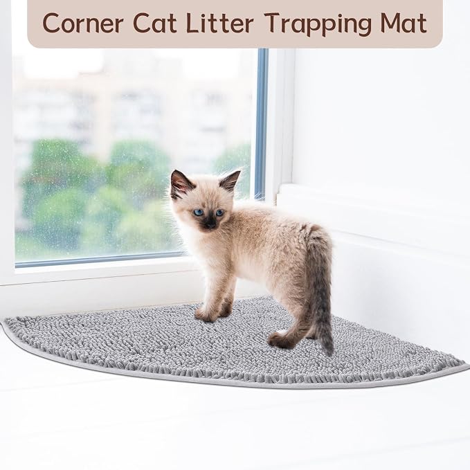 Tinideya Corner Cat Litter Mat 31"x 31" Kitty Litter Box Trapping Mat Large Waterproof Corner Rug Non Slip, Easy Clean, Machine Washable(Light Gray)