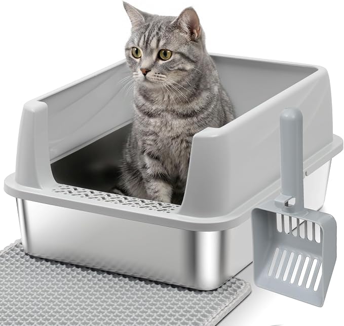 Stainless Steel Litter Box with Lid,Low Entry Cat Litter Box | Metal Kitty Litter Box with Scoop and Mat,Kitten Litterbox for Small to Medium Cats,Non-Stick,Odor-Free,Easy to Clean