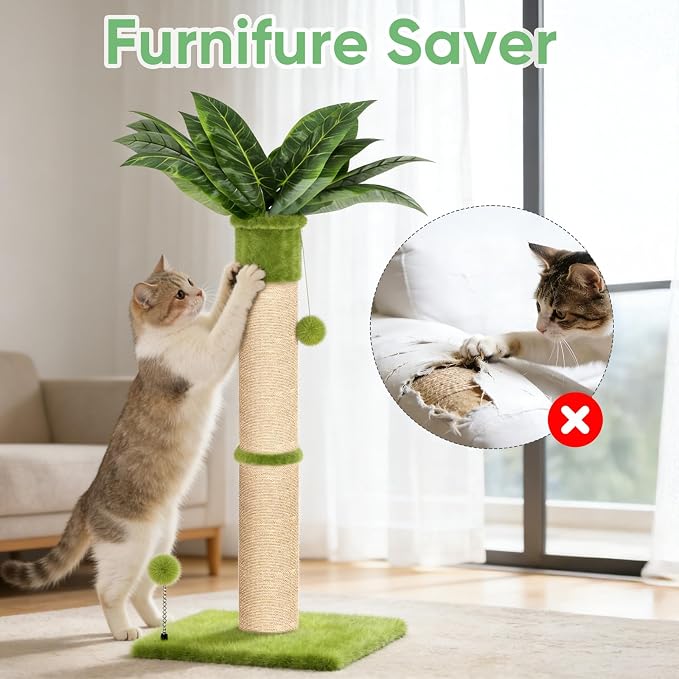 XiaZ Cat Scratching Post 34'' Tall, Durable Cat Scratch Tree Tower for Indoor Kitty with Extra Wide 15.8" Stable Base & 2 Toy Balls, Natural Sisal & Plush Fabric for Small, Medium Cats (Green, 2.8in)