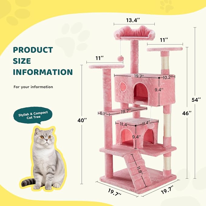 Sweetcrispy 54-inch Cat Tree Tower with Scratching Posts, Indoor Use | Multi Level Indoor Cat Tree Condo with Climbing Ladder, Plush Toy, Play House for Kitten, Pink