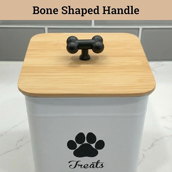 Dog Treat Container Airtight - 6 Inch Wide x 8 Inch Tall Iron Dog Treat Jar for Kitchen Counter with Airtight Bamboo Lid - 12 Cup Capacity Pet Treat Container - Doggie Cookie Jar - Big Treats Canister