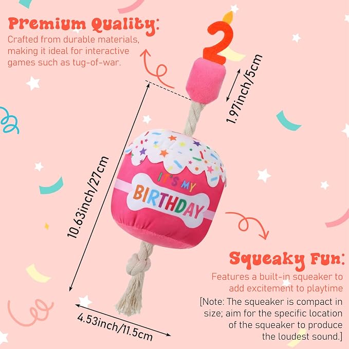 Dansydaisy Dog Birthday Cake Toy Squeaky Plush Toy for Girl Boy Gifts, Chew Accessories for Dog Birthday Party Decor Favor for Large, Medium and Small Dogs(2nd,Rose Pink)