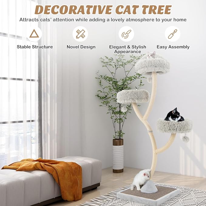 70" Tall Cat Tree, Cat Tower with Scratching Posts and Board, Multi-Level Cat Tower for Large Cats 20 lbs+ with 3 Cozy Perches and Dangling Balls, Modern Cat Tree for Indoor Cats Large Adult